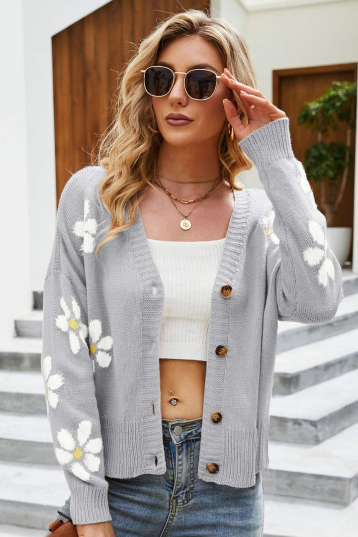 Drune | Floral Ribbed Trim Drop Shoulder Cardigan