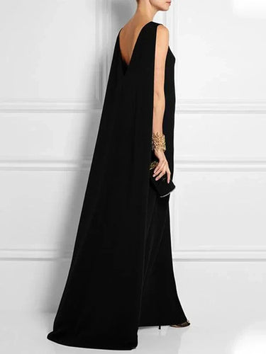 Drune | Breit, Einfach, Einfarbig, Ärmellos, Ärmellos, V-Ausschnitt, Lange Breite Kleid