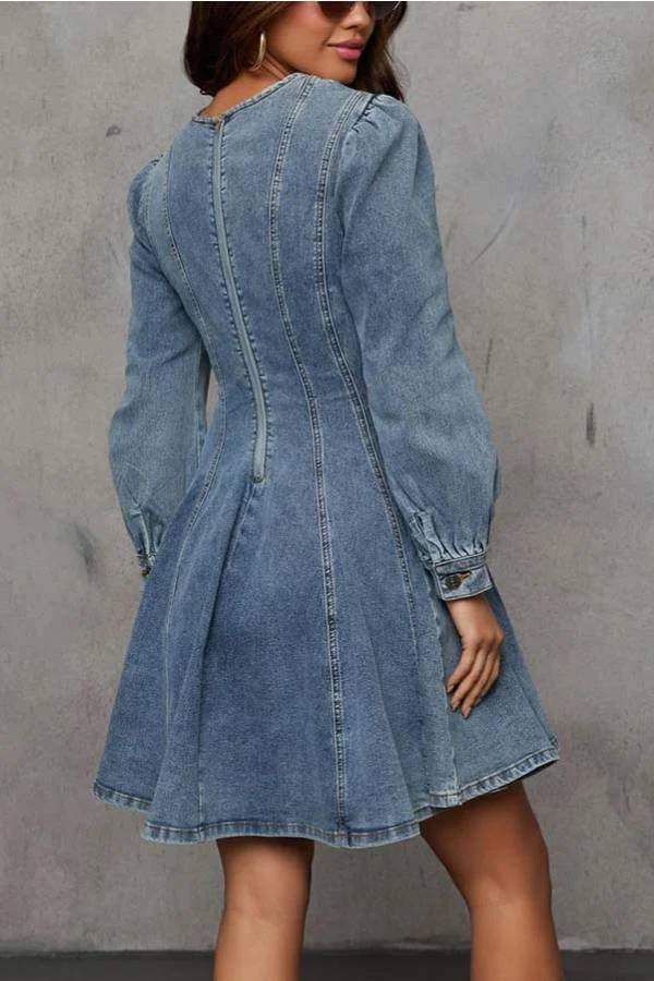 Drune | Fade Into You Denim Prinzessinnenlinie Rückenreißverschluss Flare Stretch Mini Kleid