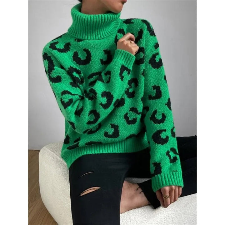 Drune | Lässiger Rollkragen-Strickpullover mit Leopardenmuster