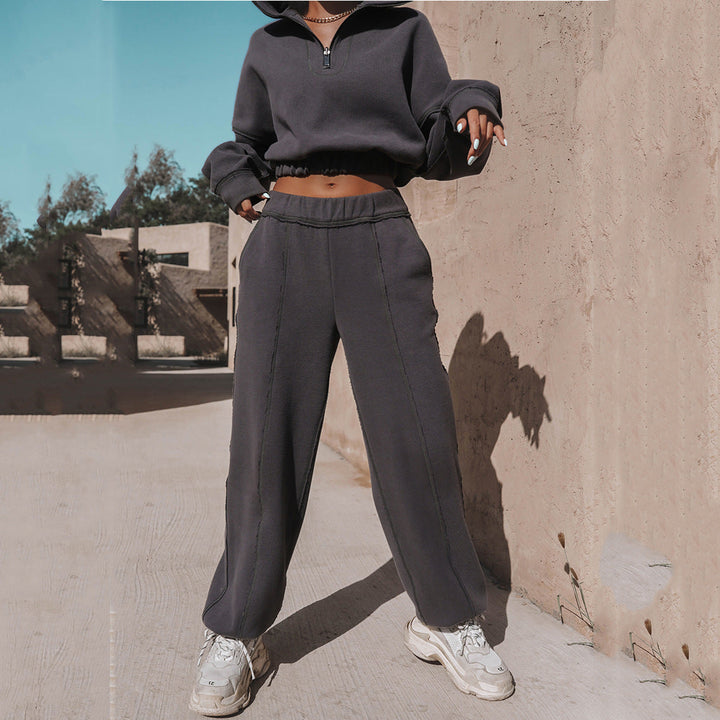 Drune | teil sportlicher cropped Sweatshirt mit Jogginghose - Damen Pullover Tracksuit mit Reißverschluss und elastischem Bund
