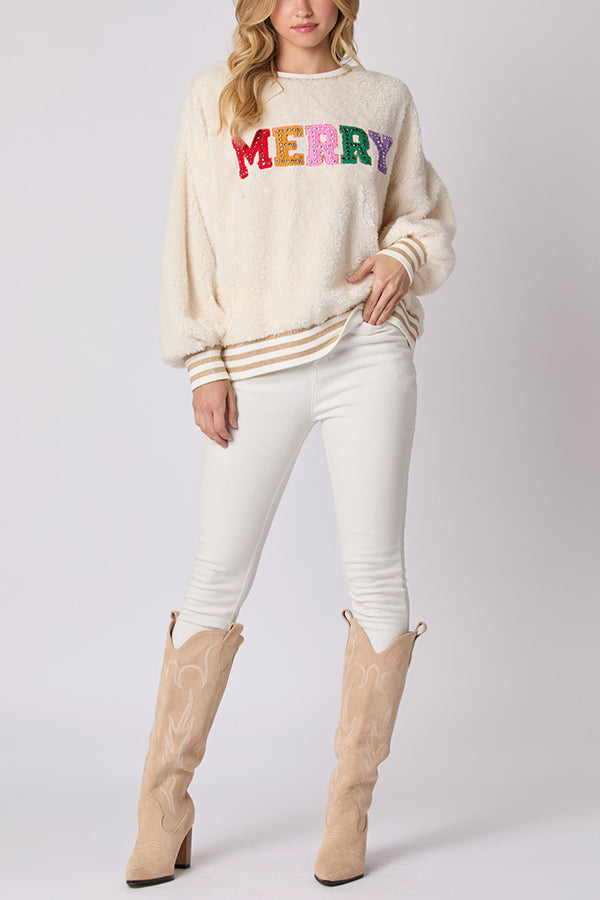 Drune | Weihnachtsbuchstaben Strass Langarm Rundhalsausschnitt Sweatshirt