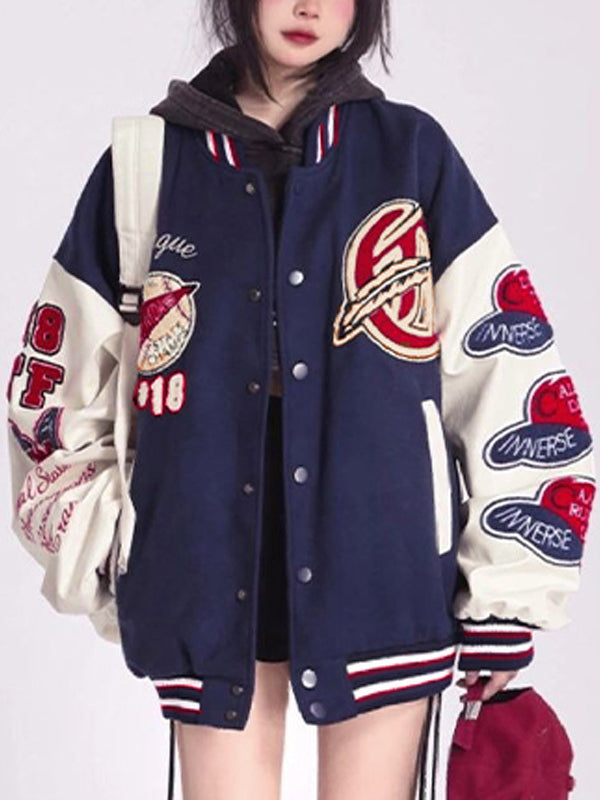 Drune | Blaue College-Varisty-Jacke mit Flockdruck
