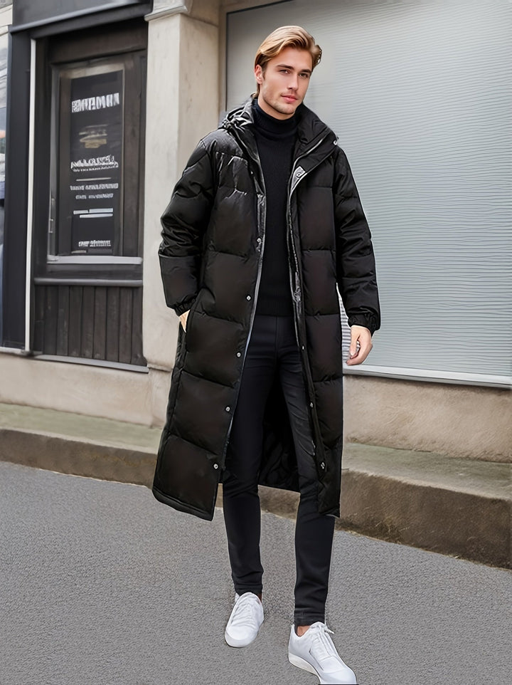 Drune |  Lange Gepolsterte Schwarze Kapuzen Baumwollmaterial Winterjacke Für Herren - Perfekt für Outdoor-Aktivitäten