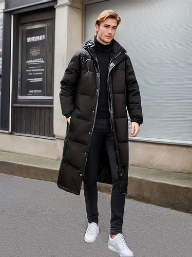 Drune |  Lange Gepolsterte Schwarze Kapuzen Baumwollmaterial Winterjacke Für Herren - Perfekt für Outdoor-Aktivitäten