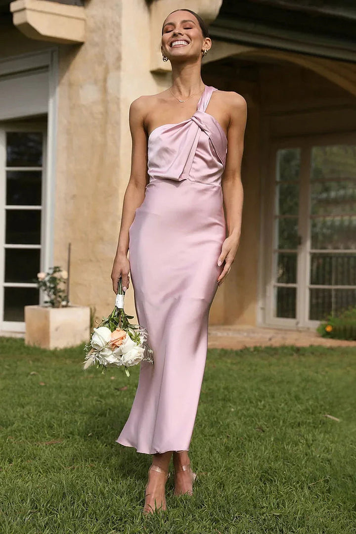 Drune | Ein Schulter Rückenfreies Satin Brautjungfer Hochzeit Party Bodycon Fishtail Maxi Kleid