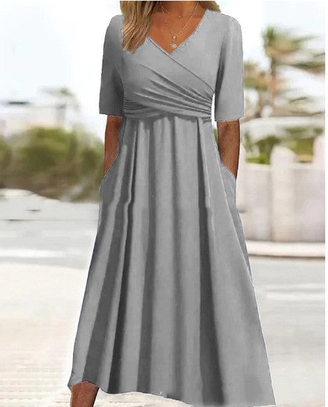 Drune | Blaues, Schlichtes Midikleid Mit V-ausschnitt