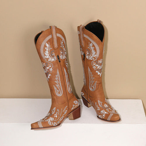 Drune | Bestickte Western Denim Retro Damen Knielange Stiefel