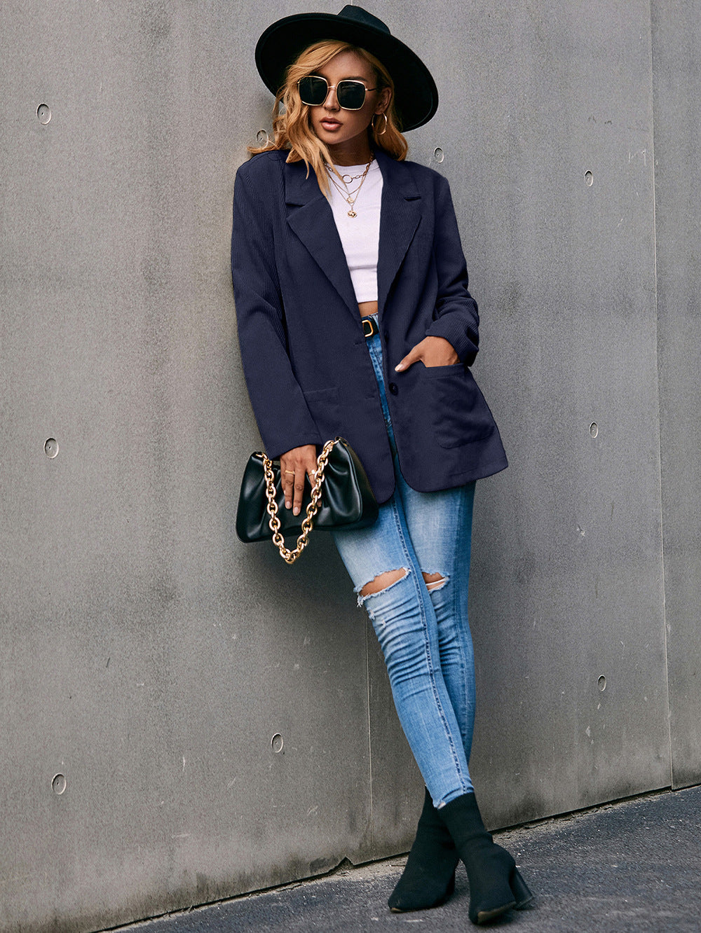 Drune | Corduroy Langarm Longline Blazer mit Taschen