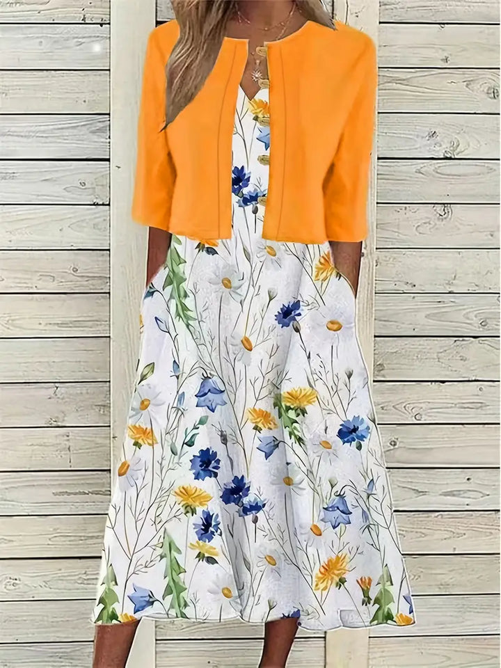 Drune – elegantes zweiteiliges blumenkleid-set mit einfarbigem crop-top und kleid mit rundhalsausschnitt