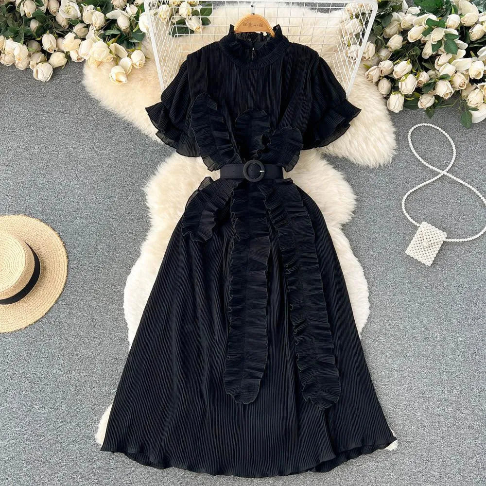 Drune | Langarm Maxikleid mit plissierten Volants