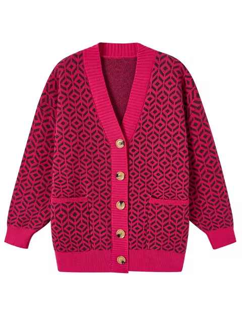 Drune | Cozy knitted cardigan with geometric pattern and button placket