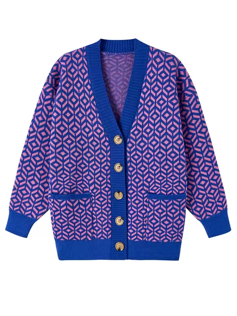 Drune | Cozy knitted cardigan with geometric pattern and button placket