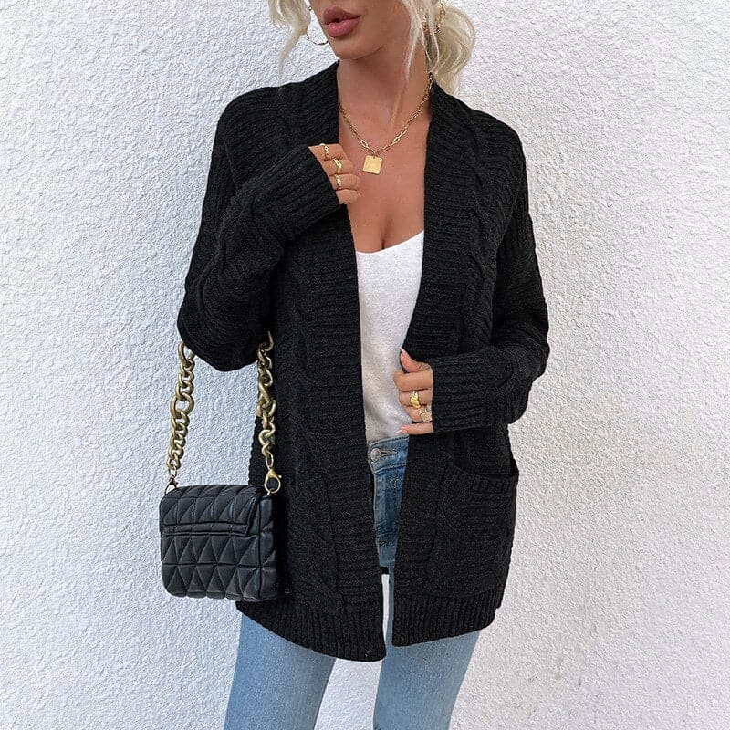 Drune | Strickjacke Gestrickte Kabelmuster Offene Vorderseite Langärmlig Mit Taschen