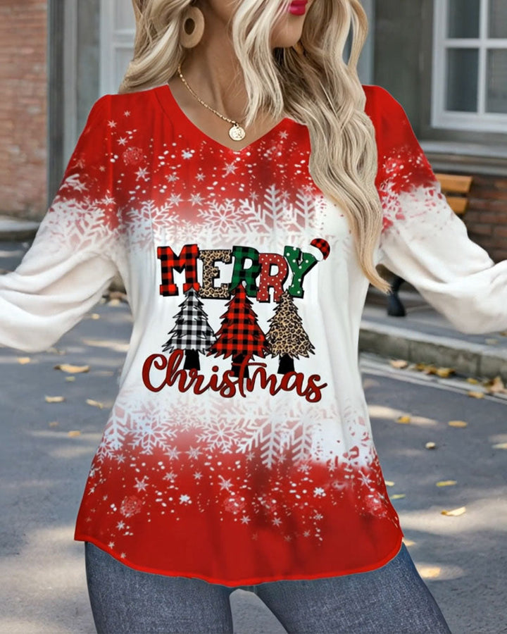 Drune | V-Ausschnitt Weihnachtsbaum Print Langärmlig