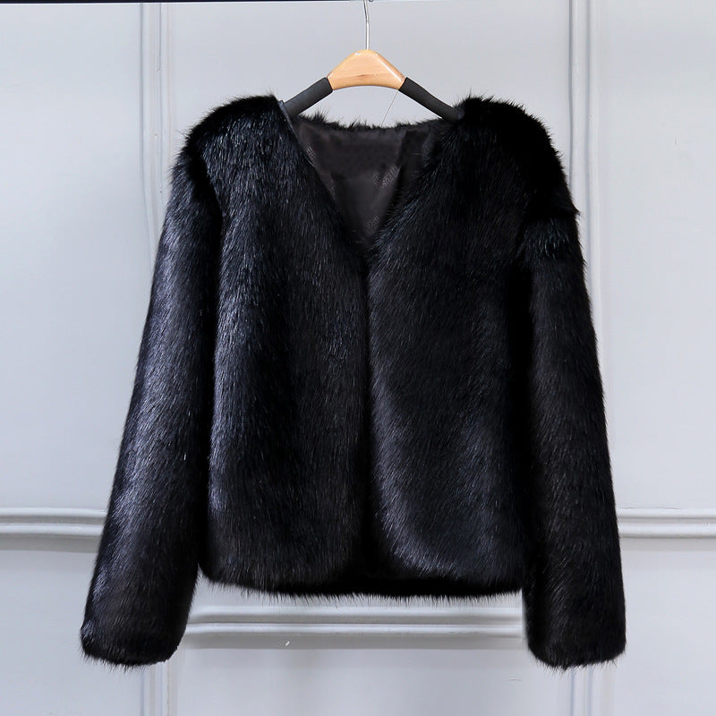 Damen Elegante Kunstfelljacke mit V-Ausschnitt und weichem Innenfutter Drune