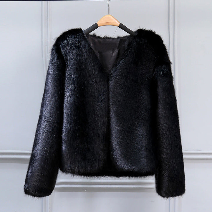 Damen Elegante Kunstfelljacke mit V-Ausschnitt und weichem Innenfutter Drune