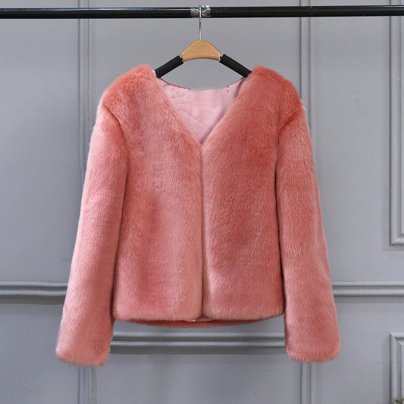 Damen Elegante Kunstfelljacke mit V-Ausschnitt und weichem Innenfutter Drune