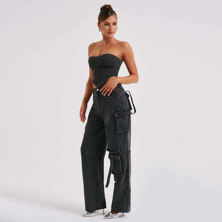 Drune | Denim-Anzüge Sommer Sexy Rückenausschnitt Tube Top und Mehrfach-Taschen Gerade Hosen Mode Lange Hosen Anzug Damenbekleidung