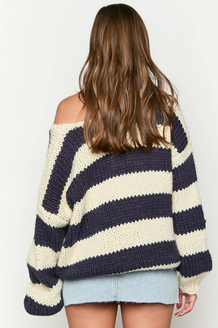 Drune | Cozy off-the-shoulder striped knit sweater for autumn layers