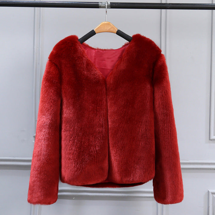 Damen Elegante Kunstfelljacke mit V-Ausschnitt und weichem Innenfutter Drune