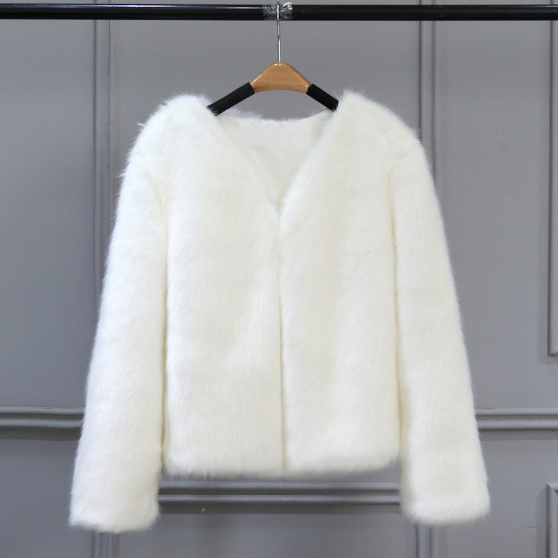 Damen Elegante Kunstfelljacke mit V-Ausschnitt und weichem Innenfutter Drune