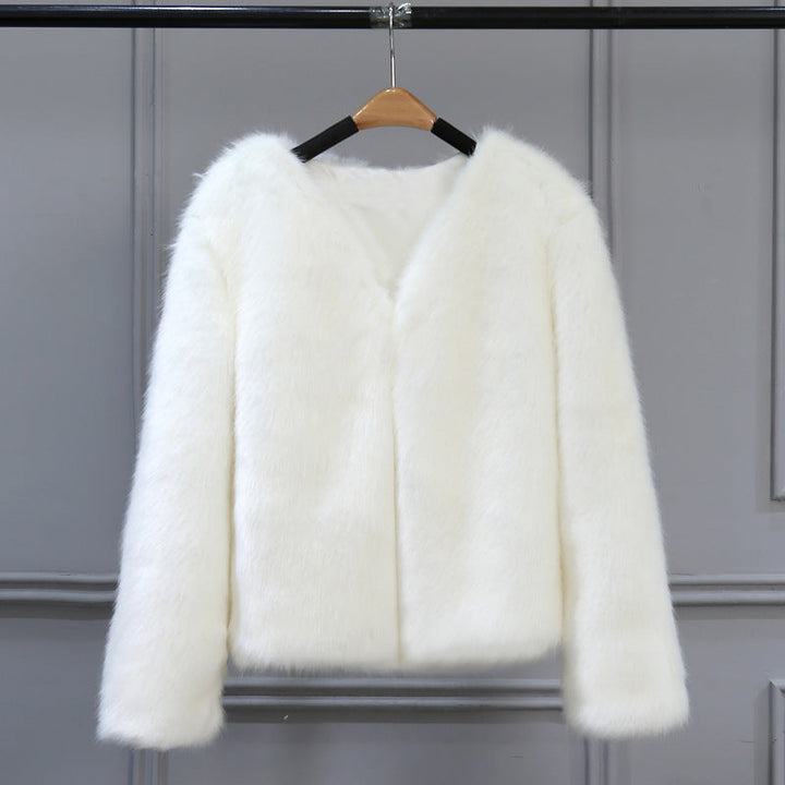 Damen Elegante Kunstfelljacke mit V-Ausschnitt und weichem Innenfutter Drune