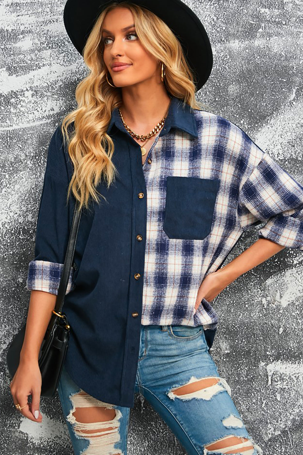 Drune | Karierte Farbblock Gefallen Schulter Corduroy Shacket