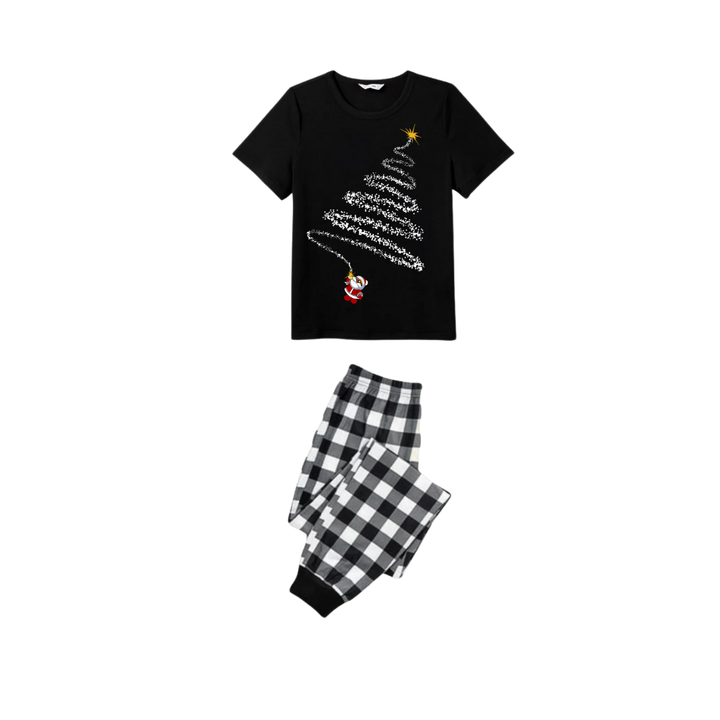 Drune | Santa Climbing Christmas Tree Familie Pyjama Set - Schwarzes Oberteil Schwarze und Weiße Karohose Weißer Baum Grafik