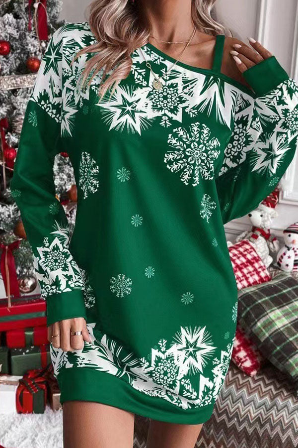 Drune | Weihnachts-Schneeflocke Kalt-Schulter Lockeres Sweatshirt Mini Kleid