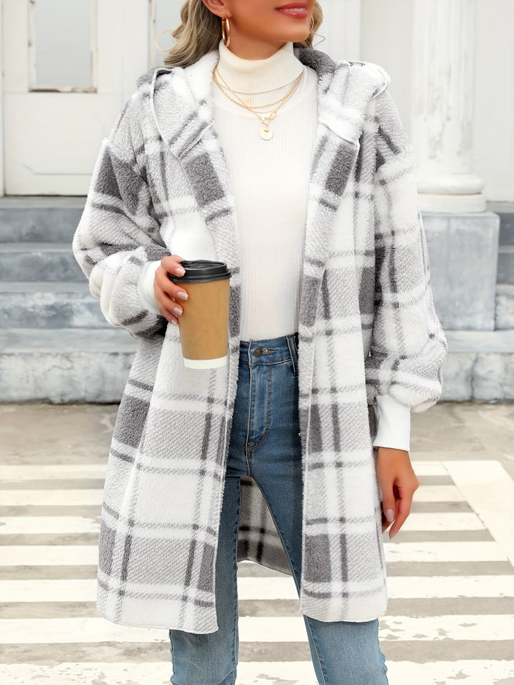 Drune | hooded karierten Fleece-Strickwaren-Cardigan für Damen - Perfekt für den Alltag