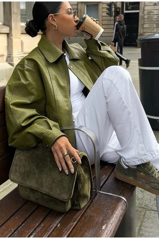 Drune | Grüne Kunstlederjacke