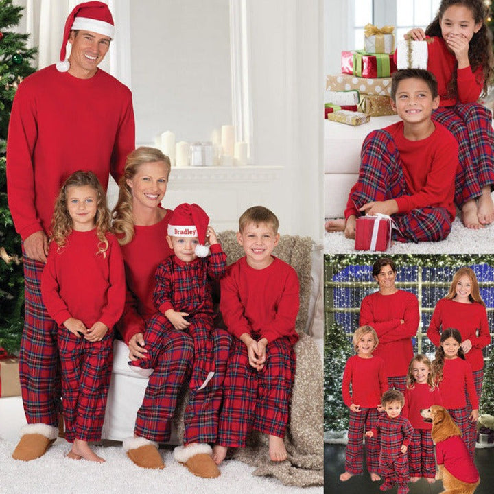 Drune | Weihnachts Langarm Pure Red Top und Lange Karierte Hose Familie Passende Pyjamas