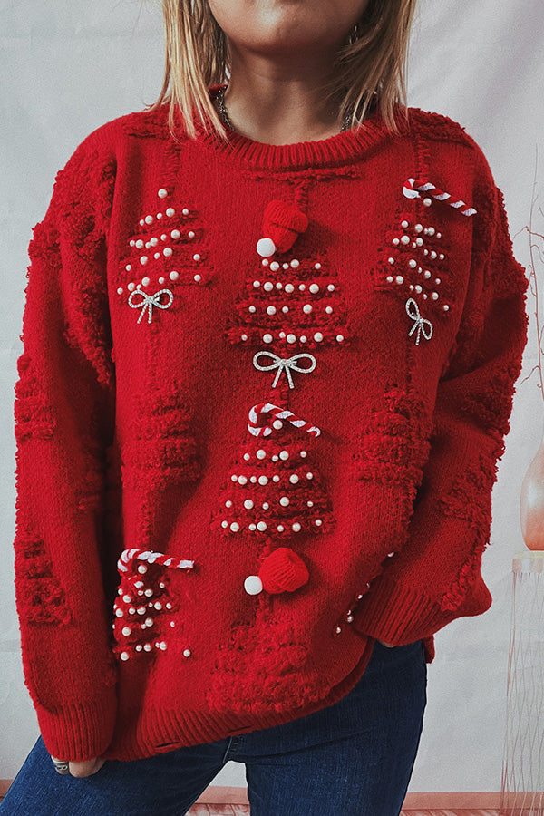 Drune | Handgemachter Perlen-Weihnachtsthema-Pullover dreidimensionaler dekorativer Pullover