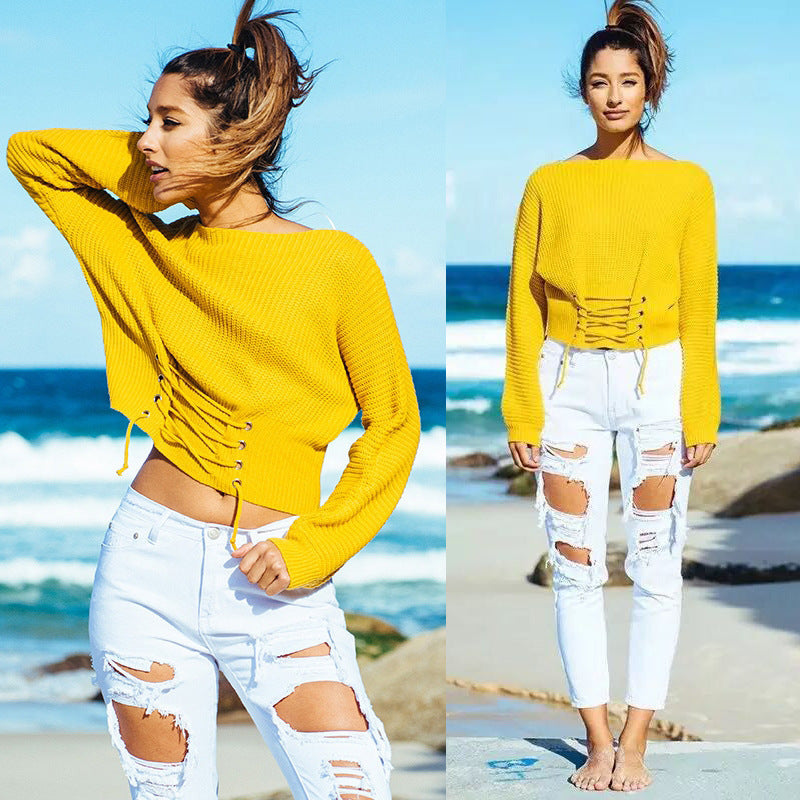 Damen lässiger Strickpullover mit Schnürung im Vorderteil Drune
