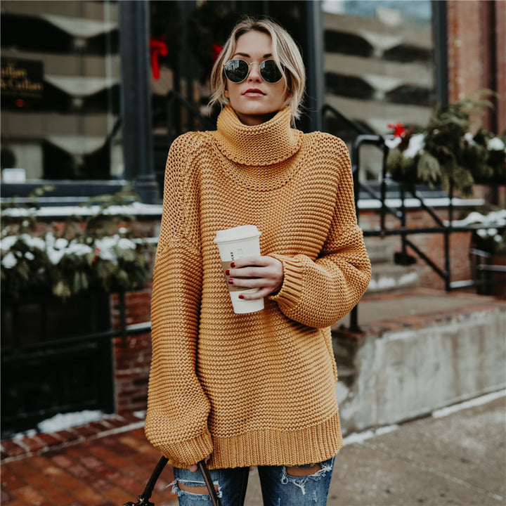 Damen Grobstrickpullover mit hohem Kragen und voluminösen Ärmeln Drune