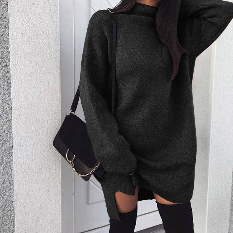 Damen nan Oversize Strickkleid mit Stehkragen, überschnittenen Schultern und seitlichem Oberschenkelschlitz Drune