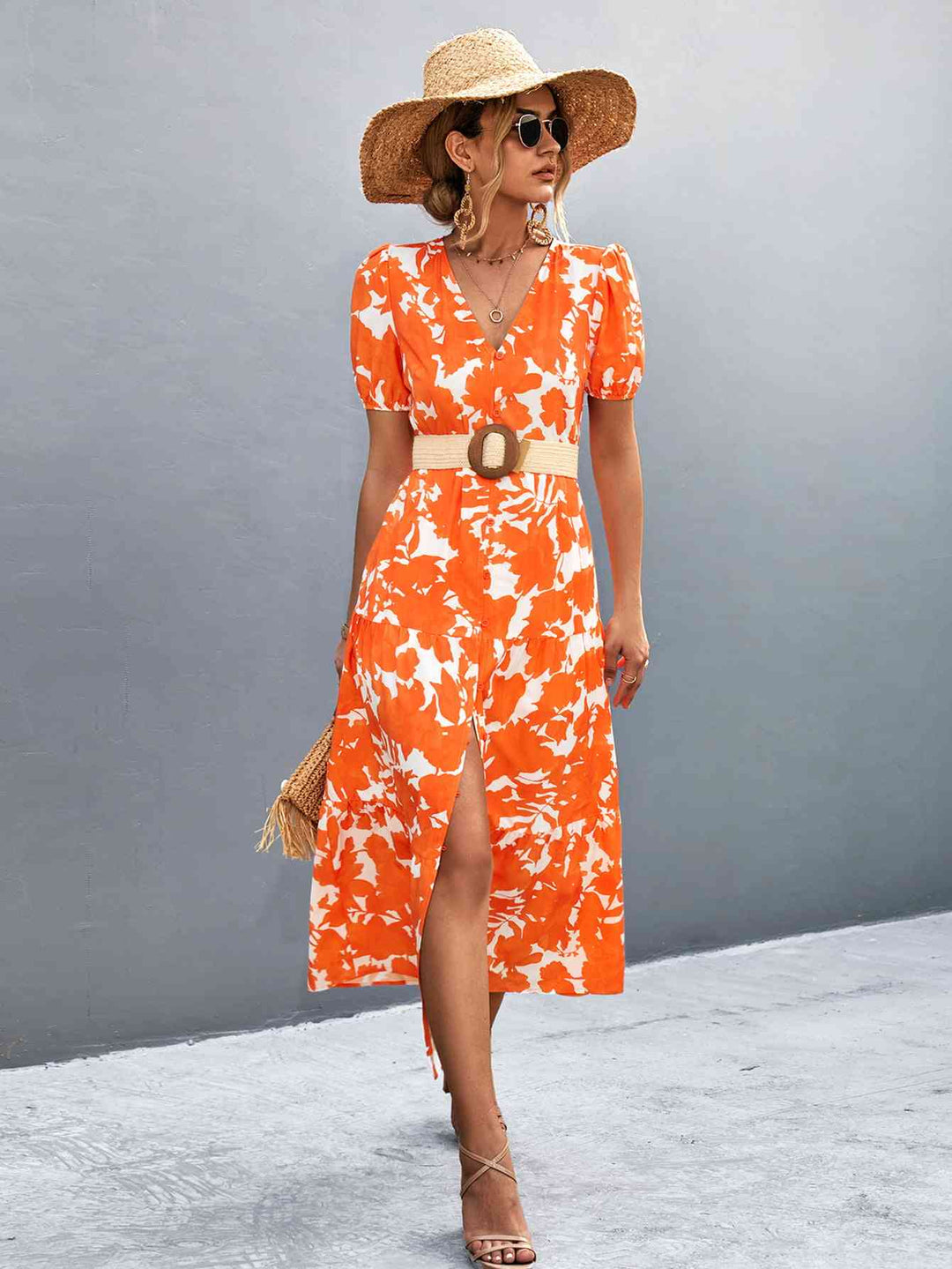 Drune | V-Ausschnitt Kurzarm Hohe Schlitz Midi Kleid