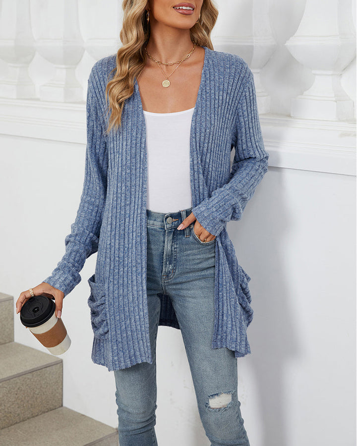 Drune | Lässiger Einfarbiger Cardigan mit Langen Ärmeln und Tasche