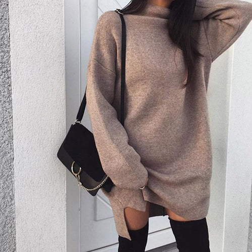Damen nan Oversize Strickkleid mit Stehkragen, überschnittenen Schultern und seitlichem Oberschenkelschlitz Drune