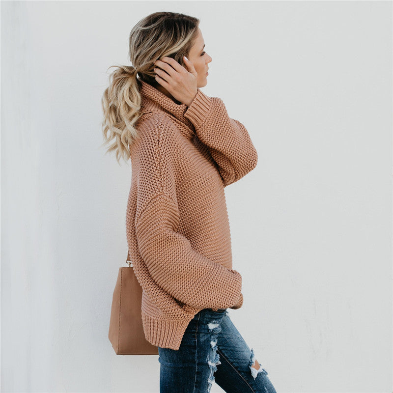 Damen Grobstrickpullover mit hohem Kragen und voluminösen Ärmeln Drune