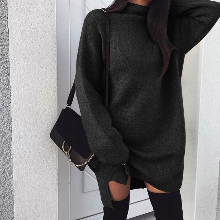Damen nan Oversize Strickkleid mit Stehkragen, überschnittenen Schultern und seitlichem Oberschenkelschlitz Drune