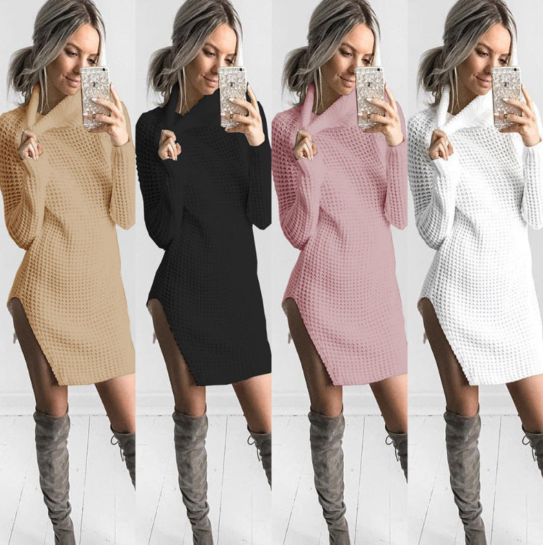 Damen Strickpullover mit hohe Kragen und seitlichem Schlitz Drune