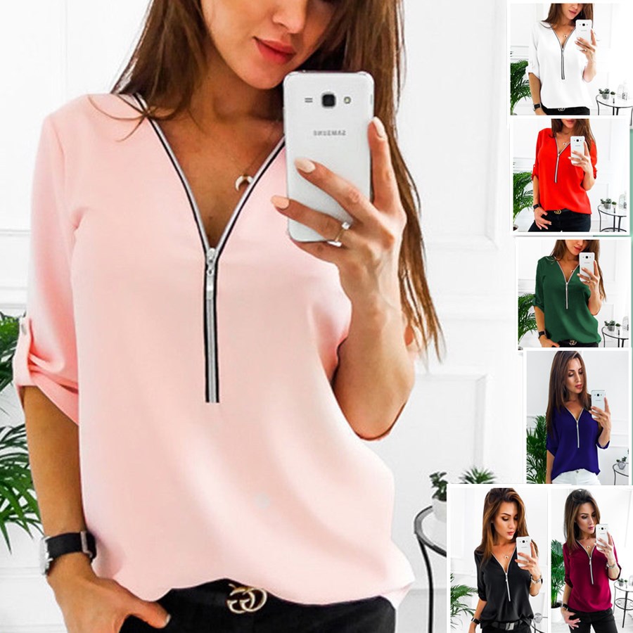 Damen Bluse mit Reißverschluss und 3/4-Ärmeln Drune