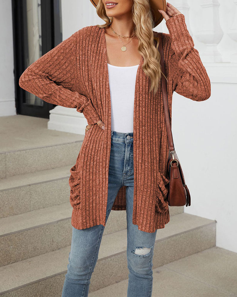Drune | Lässiger Einfarbiger Cardigan mit Langen Ärmeln und Tasche