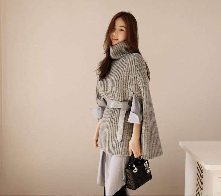 Damen Modepullover mit Rollkragen und Gürtel Drune