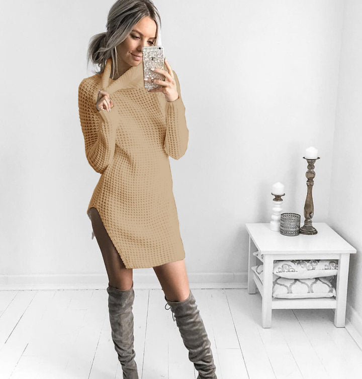 Damen Strickpullover mit hohe Kragen und seitlichem Schlitz Drune