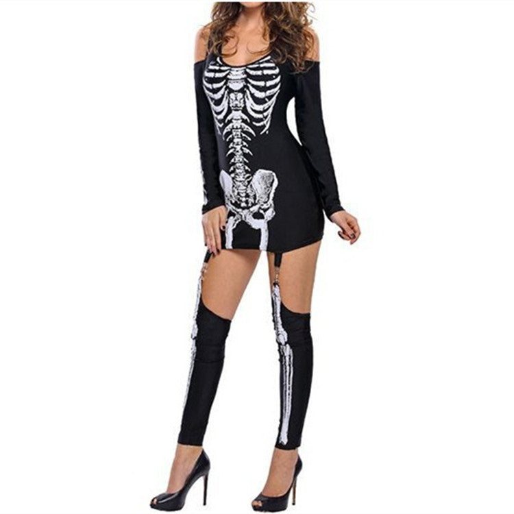 Damen Skelettdruck Kostüm Kleid Drune