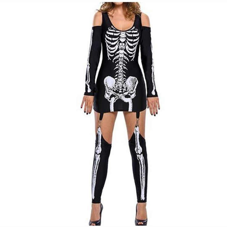Damen Skelettdruck Kostüm Kleid Drune