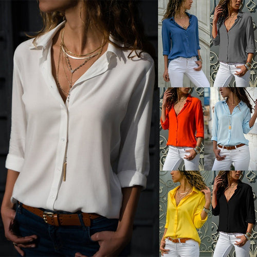 Damen nan lässige Viskose-Chiffon Bluse mit V-Ausschnitt und Umschlagärmeln Drune